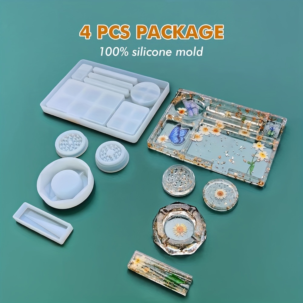 4 Pcs/set Silicone Molds for Resin Resin Molds with Rolling Tray Mold Resin  Grinder Mold for Grind & Storage DIY Resin Epoxy Kit