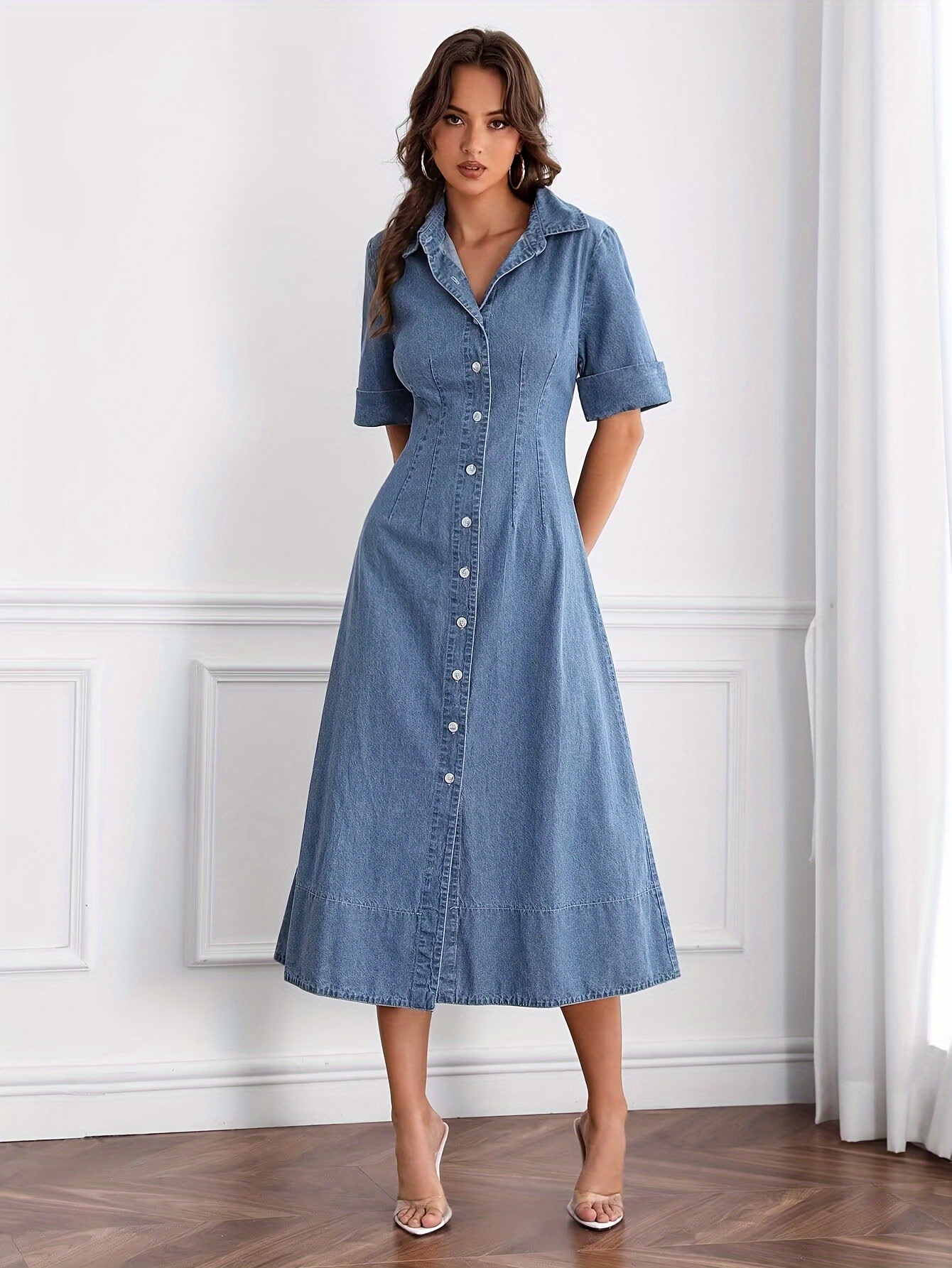 Irregular Slit Denim Strap Dress For Women Vintage Loose Long