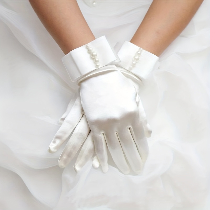 

White Silky Satin Gloves Elegant Wedding Bride Mittens Imitation Pearl Stretch Smooth Gloves Short Female Gloves