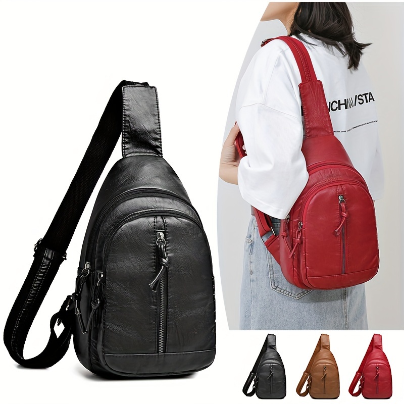 Retro Mini Chest Bag Soft Leather PU Sling Bag Simple Multi Pockets Crossbody Bag For Outdoor Travel Sport