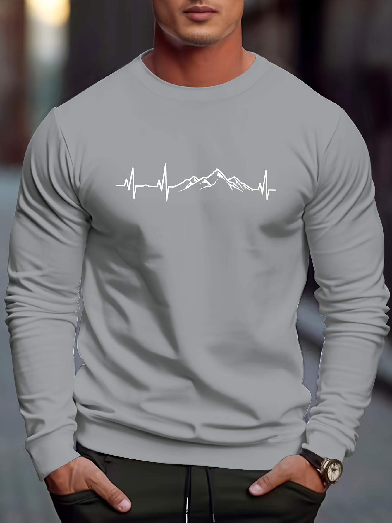 Mountain Print Trendy Sweatshirt, Men's Casual Graphic Design