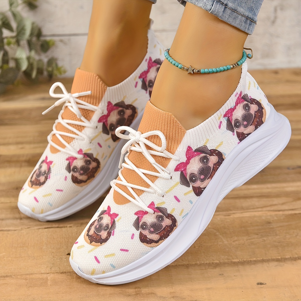 Women's Cartoon Print Knitted Sneakers, Slip On Shock Absorption Flat  Sporty Shoes, Lightweight Low-top Casual Shoes - Temu Bahrain