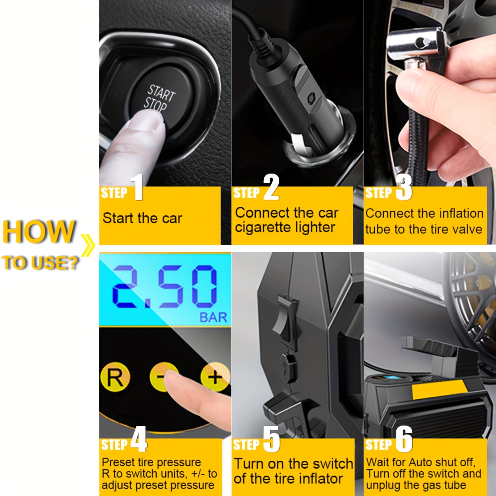 Portable Car Tire Inflator Air Compressor 12V 150PS Auto Pump LED Light