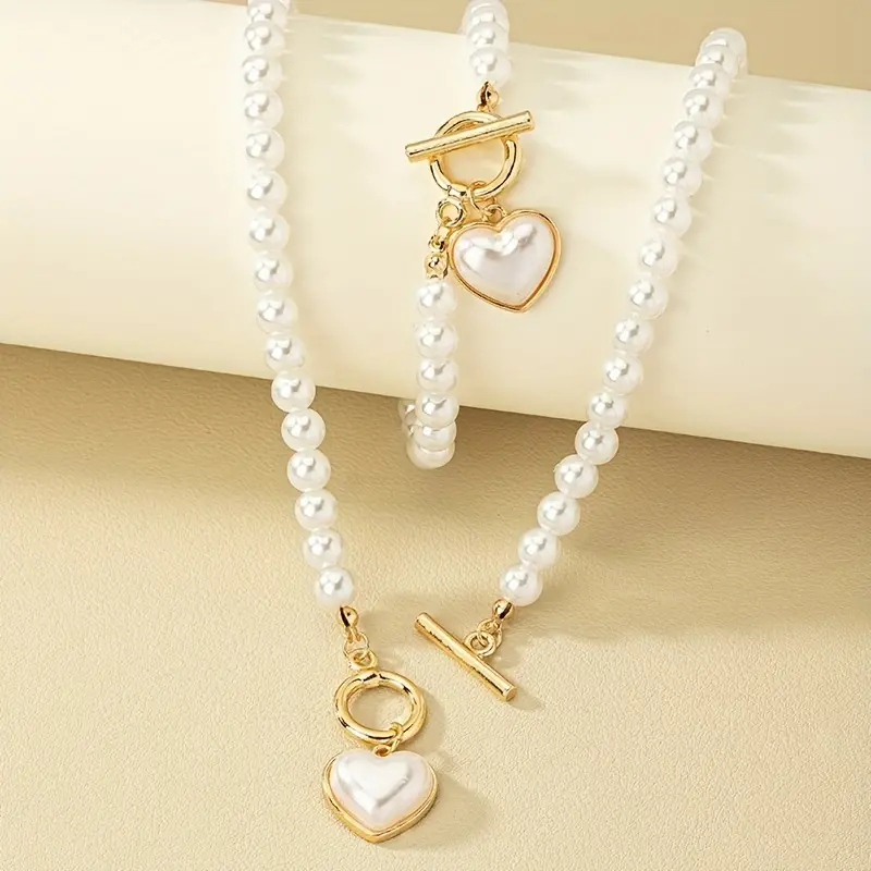 2pcs necklace bracelet elegant jewelry set made of milky stone 18k gold plated trendy heart ot buckle design match daily outfits details 2