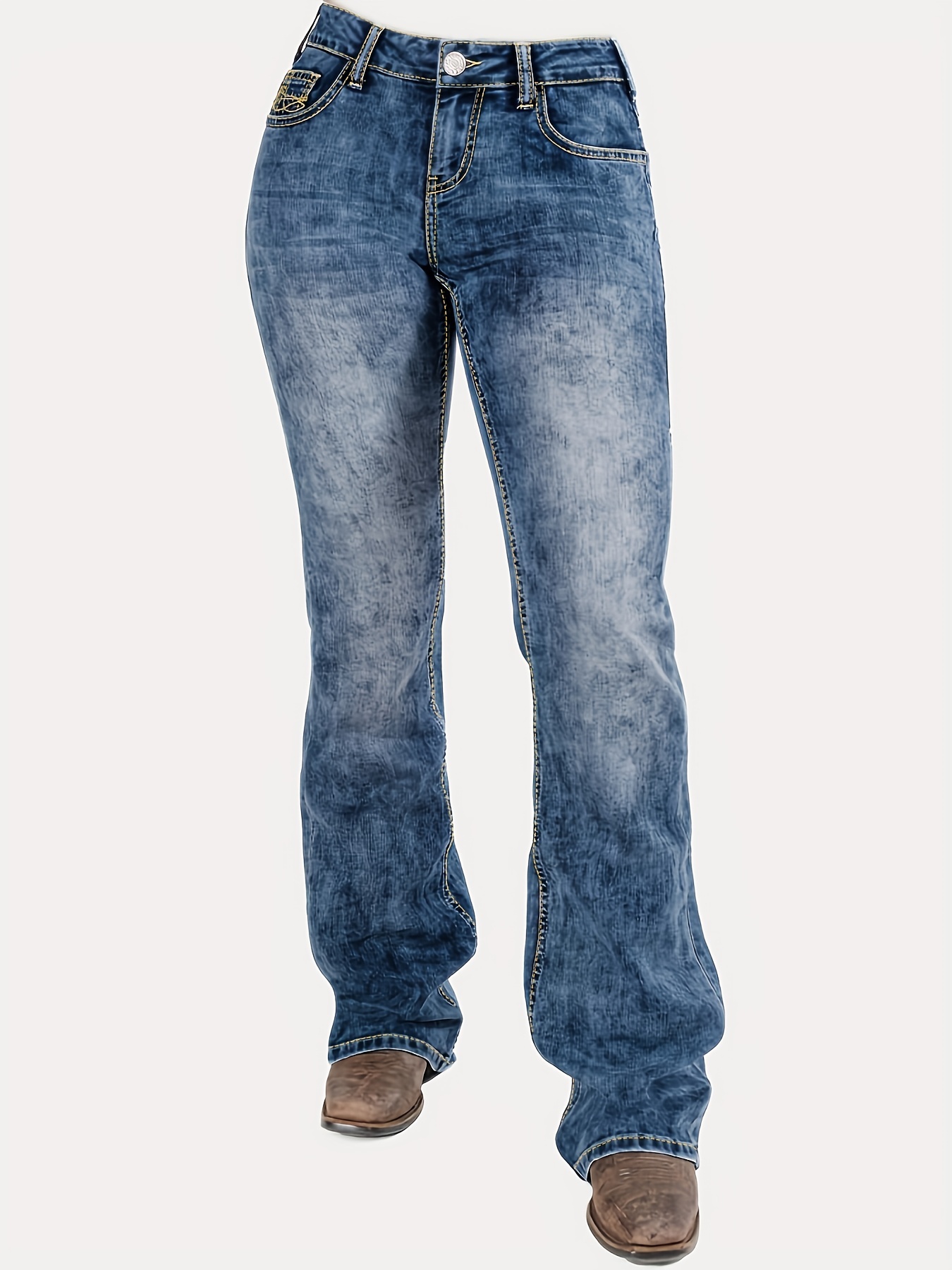 Blue Whiskered Bootcut Jeans stretch Slant Pockets - Temu