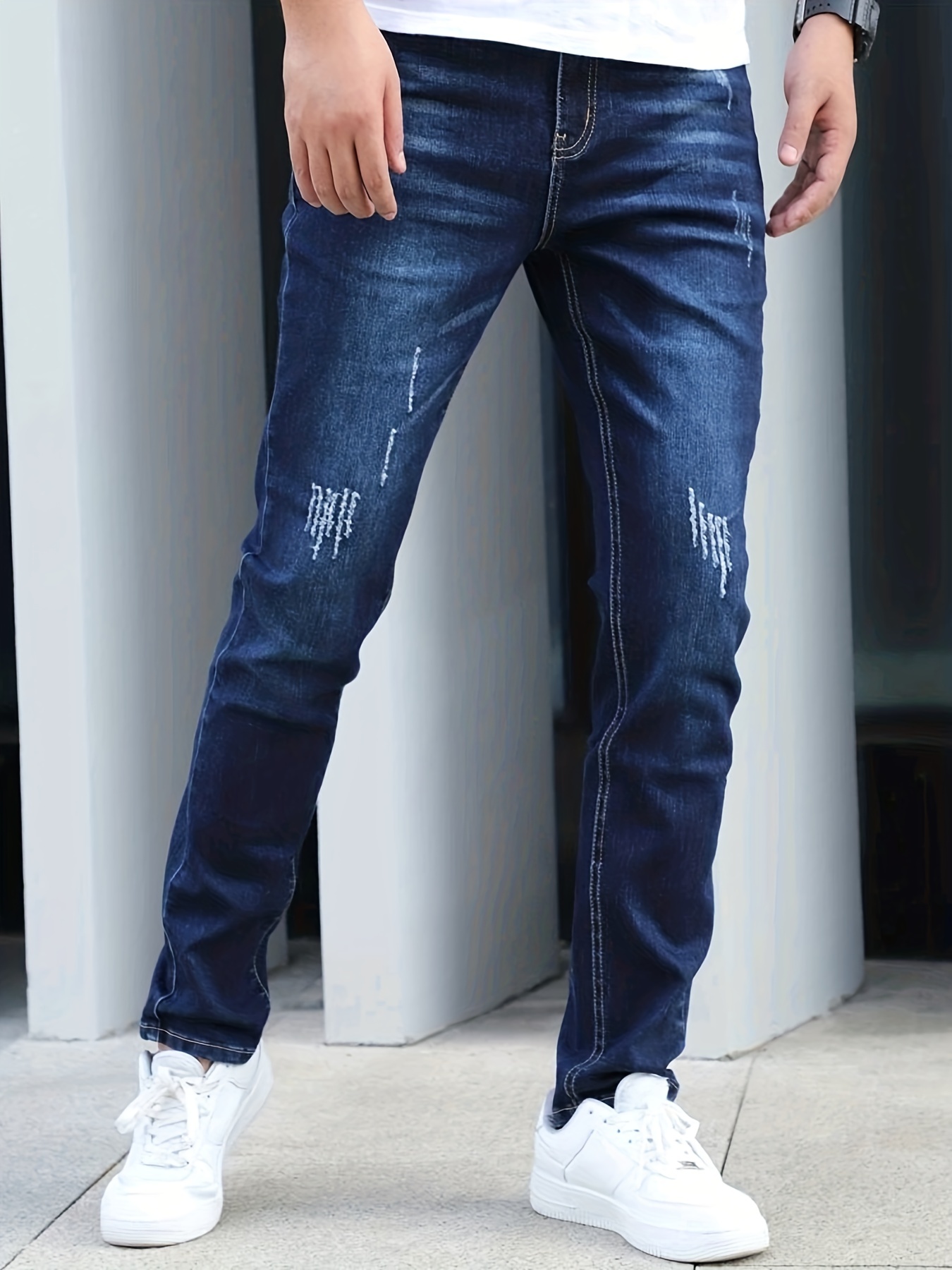 Clásico Diseño Slim Fit Jeans, Pantalones De Mezclilla De Estilo Casual De  Hombre Con Estiramiento Medio Y Distresado De Estilo Callejero