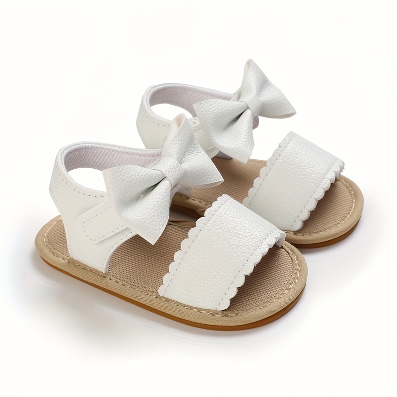 TEMU Summer Sandals For 0-1 Year Old Baby Girls - Casual Solid Color With Bowknot, -and-loop Strap, Round Toe, Low- In Pu With Comfortable Fabric Lining And Non-slip , Toddler Sandals