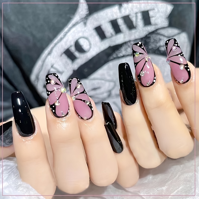 Glossy Black and Pink Butterfly Press On Nails - Medium Length Square Shape  Fake Nails with Glue for Women and Girls - Stunning Nail Art Design