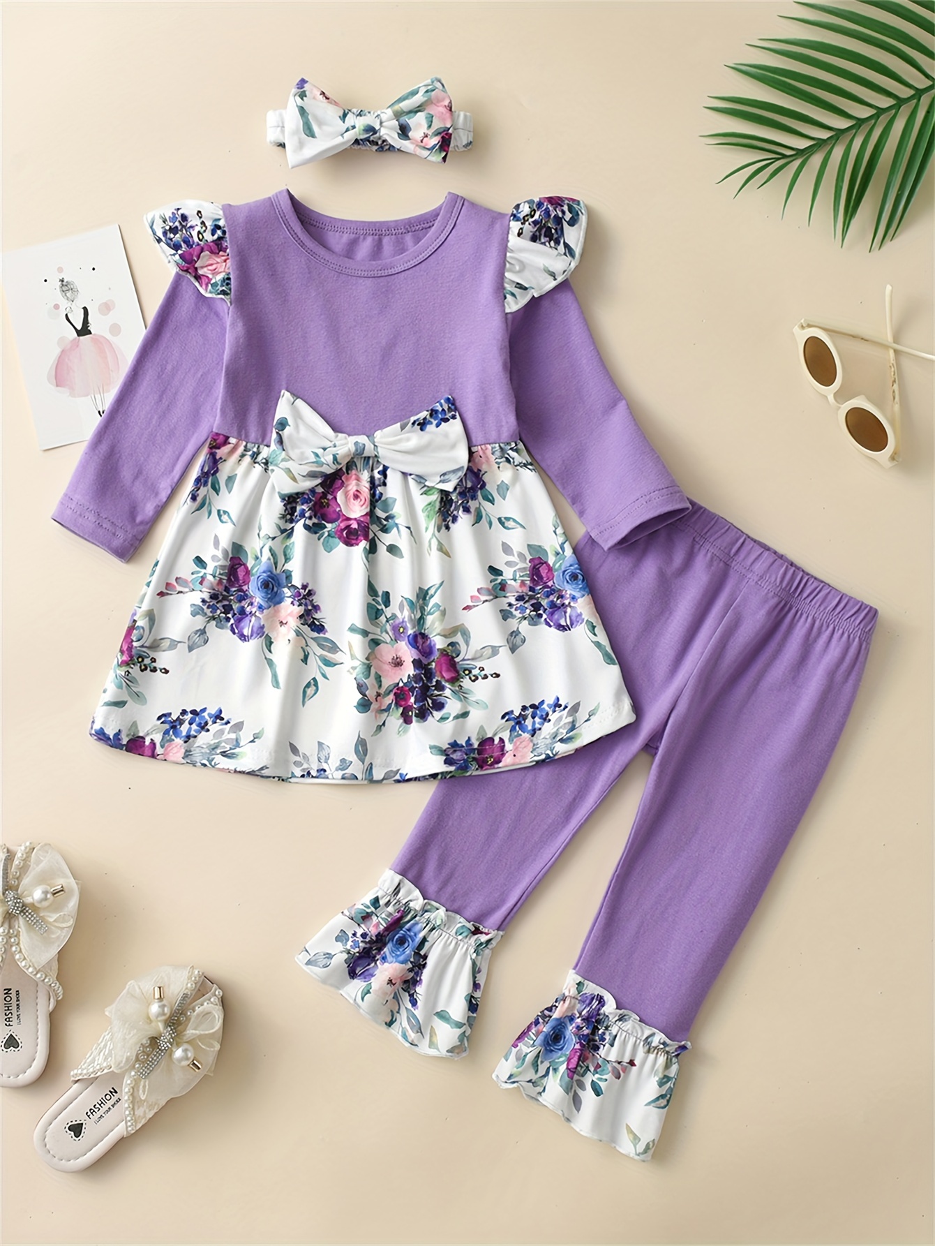 Girls Printed Bow Long Sleeve Top Flared Pants 3pcs Set
