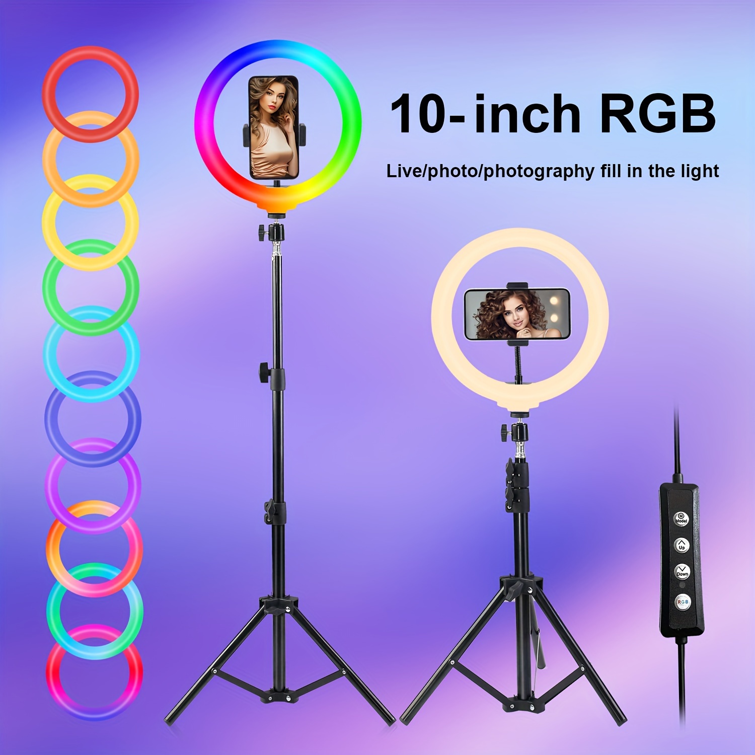 

10" Selfie Ring Light With Tripod Stand, 43'' Tall & Phone Holder, 38 Color Modes, Stepless Dimmable/speed For Android, Makeup