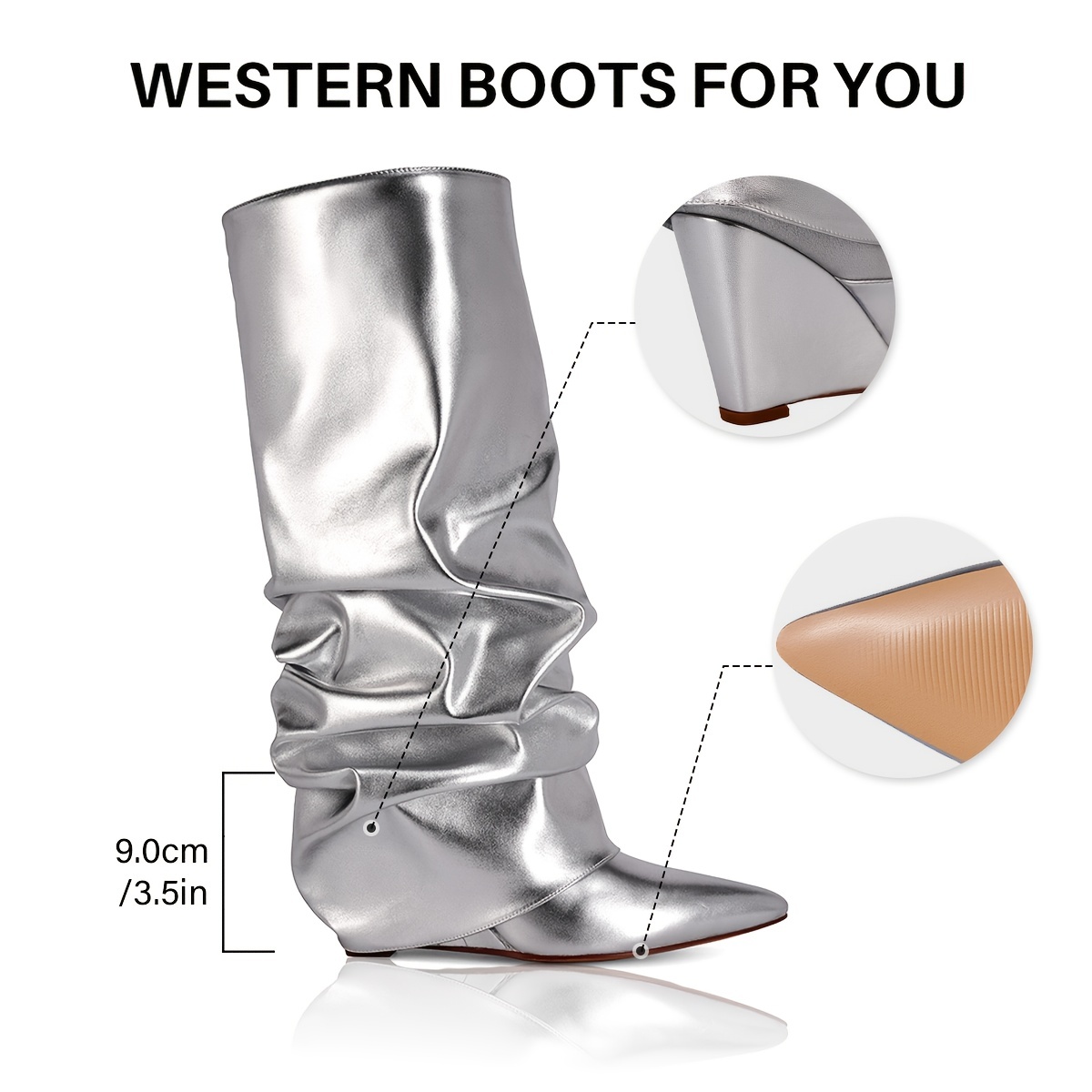 Women's Silver Metallic Western Pointed Wedge Heeled Knee Boots - Size 9