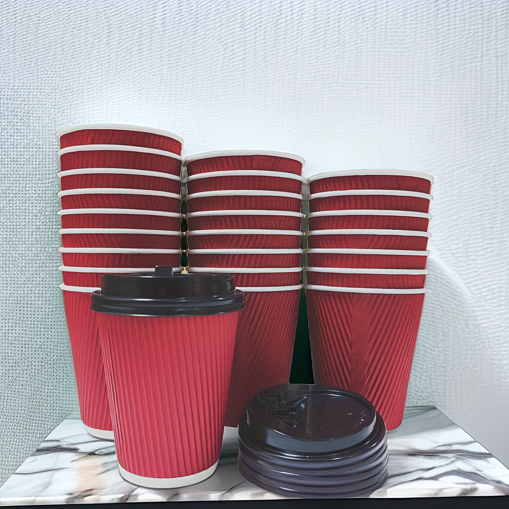 Disposable Coffee Cups w/ Dark Red Double Wall Insulated Ripple