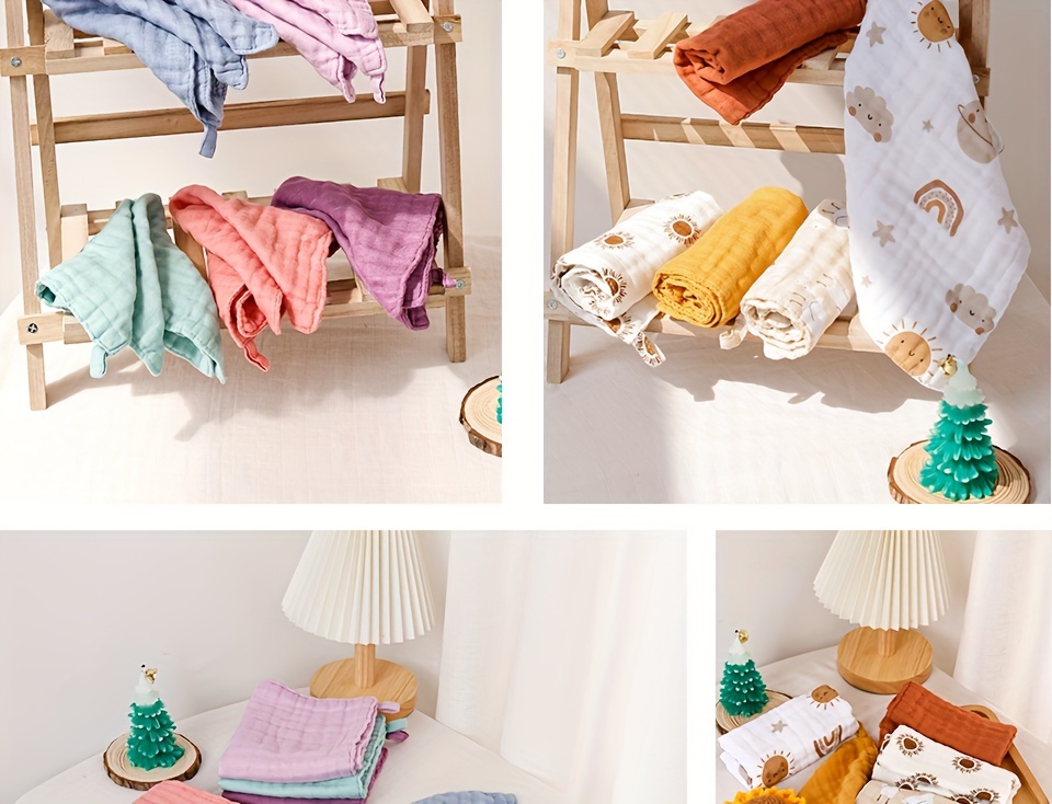 5pcs set bamboo muslin square towels 4 layer soft face towel cute print burp cloth details 8