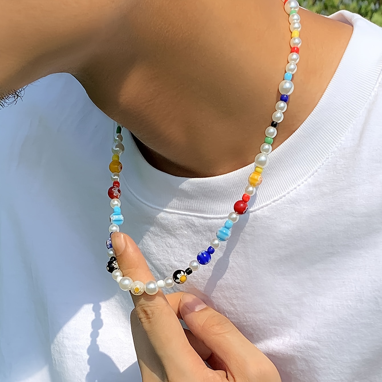 Collana di Perline di Fiori in Vetro * - * Claviculare Versatile con Perle Finte, Stile Preppy, per Uomo