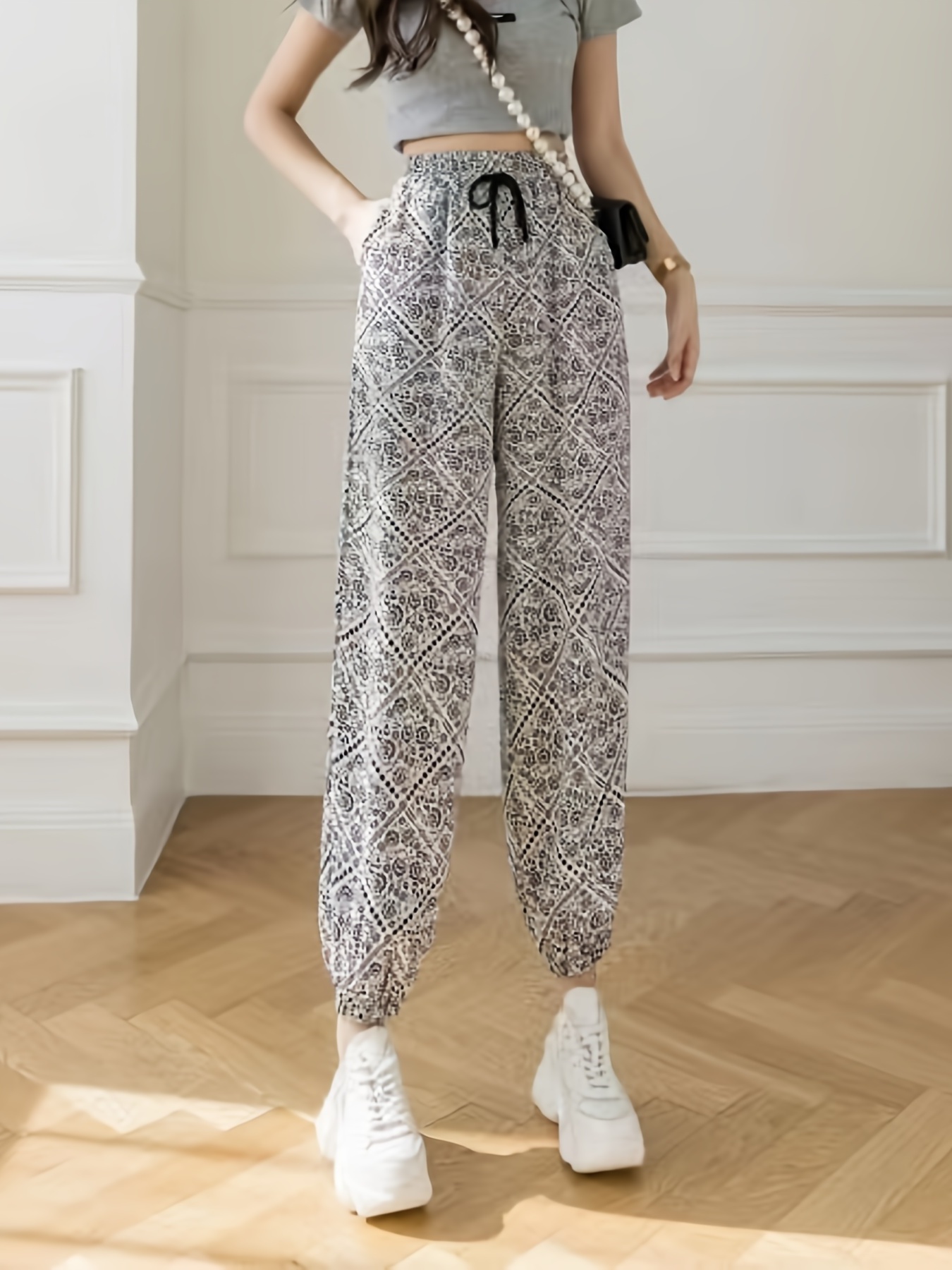 Geometric Print Drawstring Pants High Elastic Waist Pants - Temu