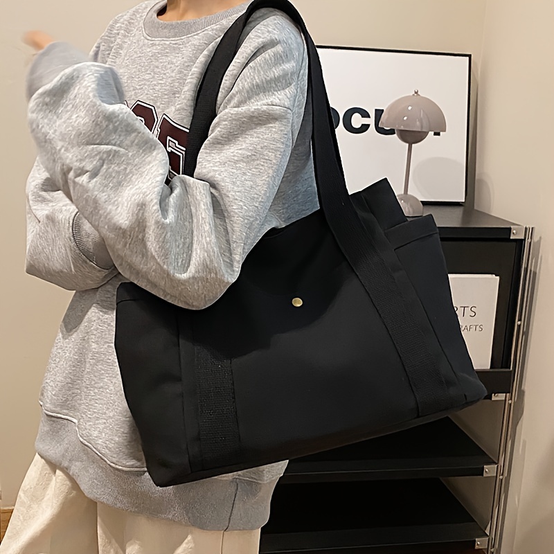 

Large Capacity Canvas Tote Bag, Multi Pockets Shoulder Bag, Portable Handbag For School Work Travel Shopping