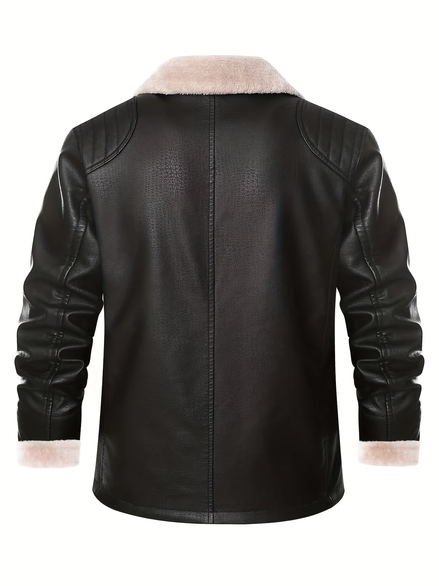 Warm Fleece PU Jacket, Men's Casual Solid Color Zip Up Lapel Faux Leather  Jacket For Fall Winter