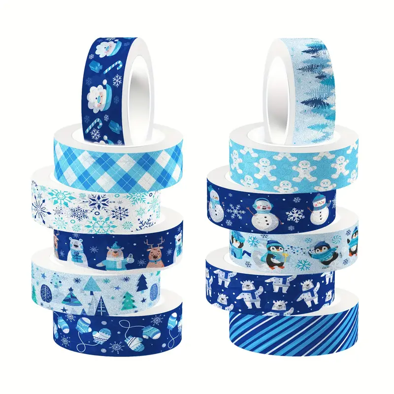 12 Rolls, Winter Washi Tape Blue White Holiday Washi Masking Tape Snowflake  Xmas Tree Snowman Reindeer Patterned Decorative Tape For Scrapbook Journal