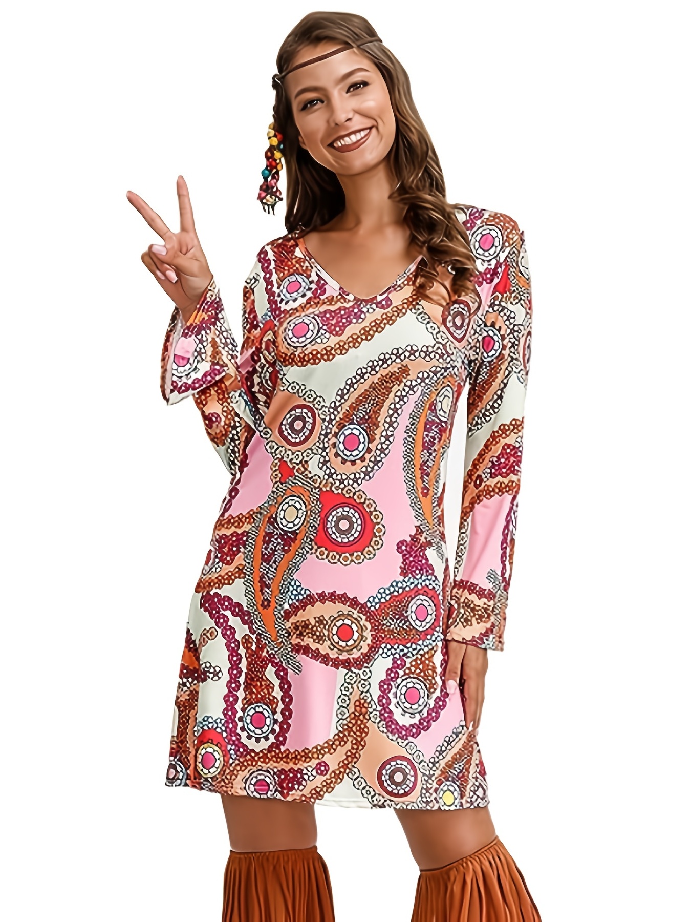 Vestido de disfraz de Halloween hippie de los años 70, traje de carnaval vintage con mangas largas acampanadas y estampado floral, ropa de mujer
