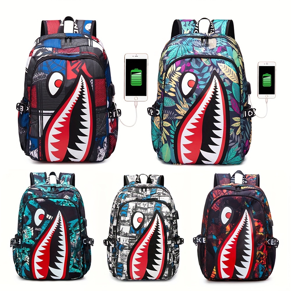 Men's Casual Backpack, Fashionable Pattern Printing, Cartoon Shark