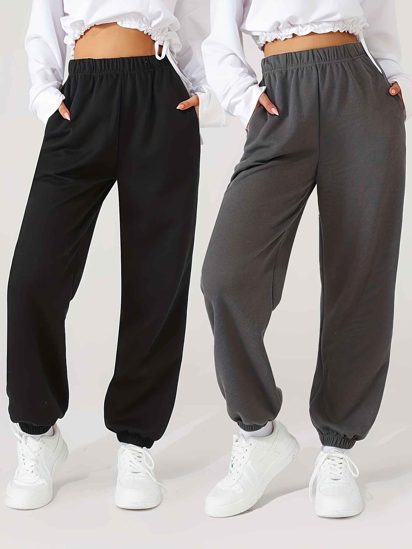 Solid Color Casual Sweatpants Slant Pocket Elastic Waist - Temu