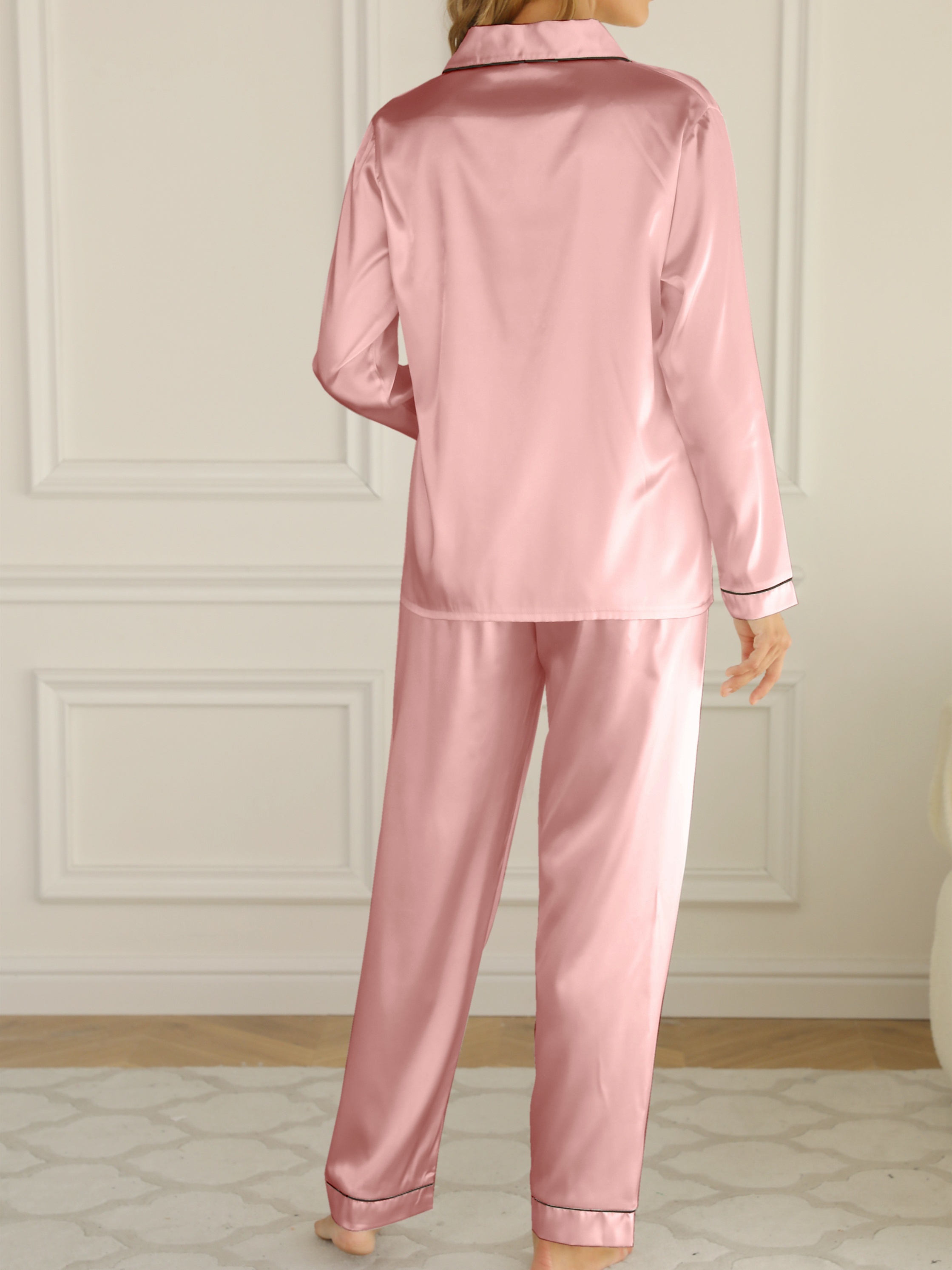 Solid Pajama Set, Long Sleeve Button Up Lapel Top & Pants Pj Set, Women's  Sleepwear & Loungewear - Temu