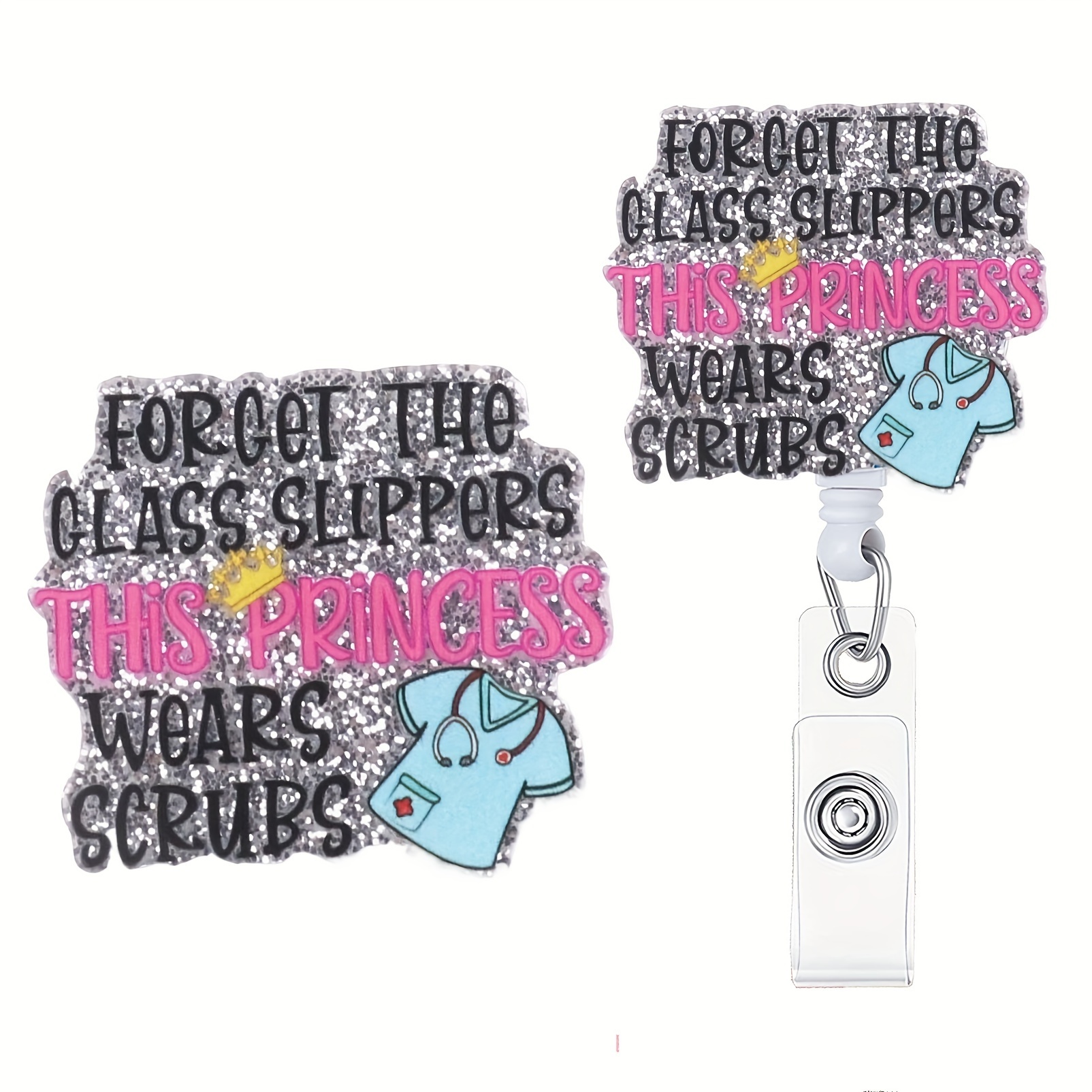 1pc Nurse Retractable Badge Reel with Clip Forget The Class Slippers This Princess Wears Scrubs ID Badge Holder Cute Bandaid Badge Funny Glitter
