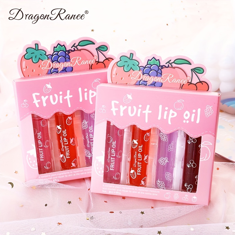 4 Pcs Moisturizing Fruit Lip Oil Set - Crystal Jelly Liquid Lipstick, Long-Lasting Lip Kit For Women And Girls