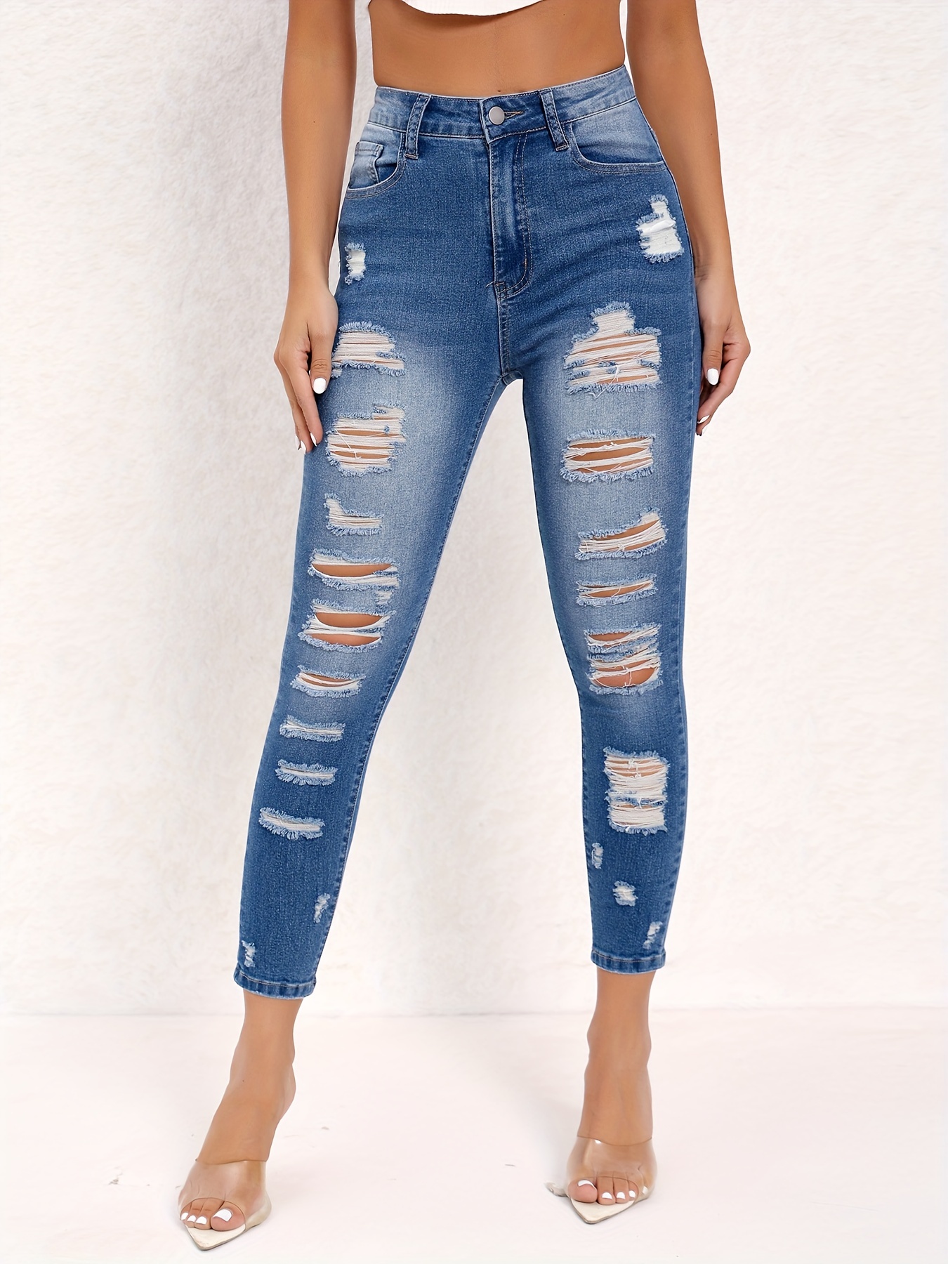 Blue Ripped Holes Skinny Jeans Slim Fit High Stretch - Temu