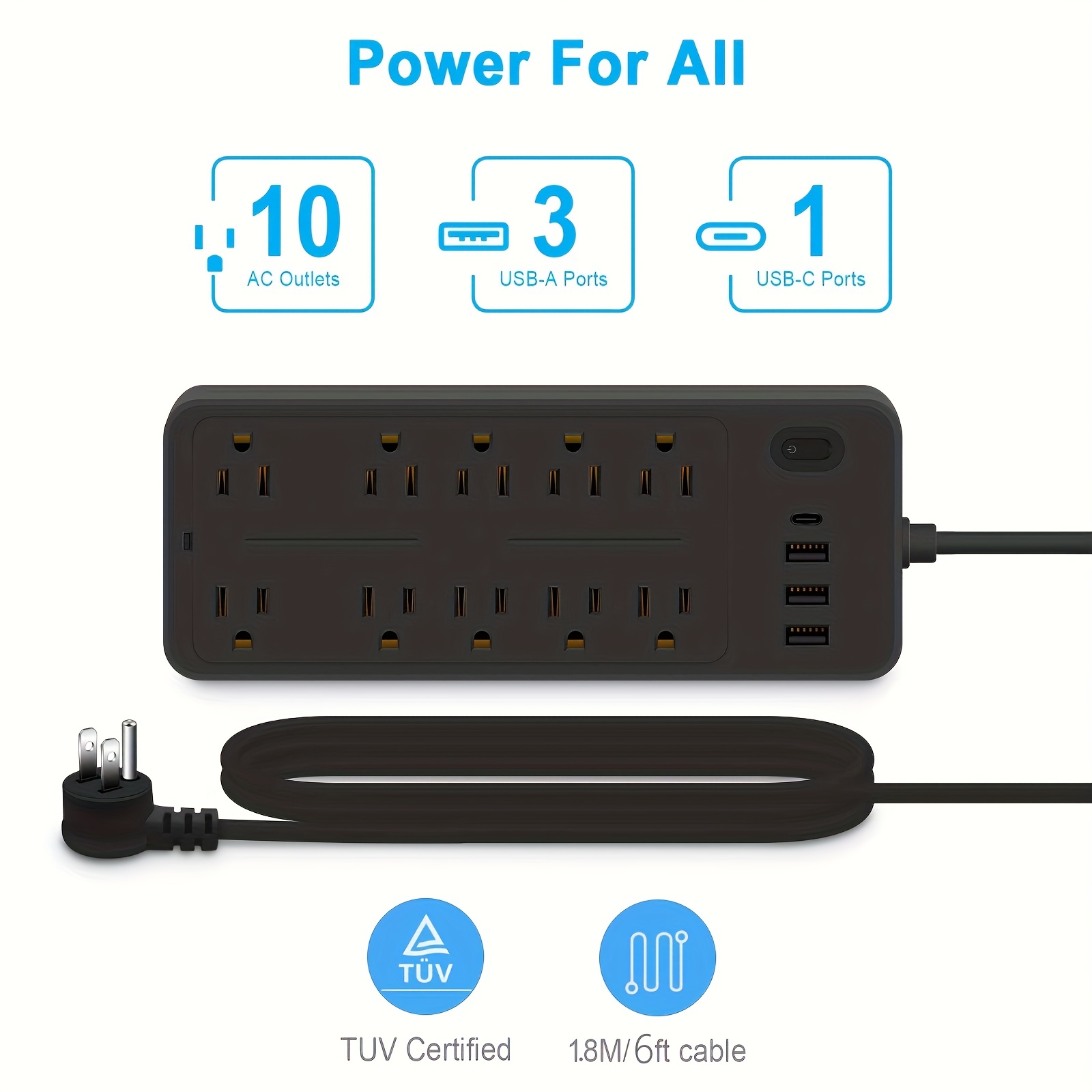 Multiprise avec 3 prises USB et 3 prises, 1.8M, câble d'extension