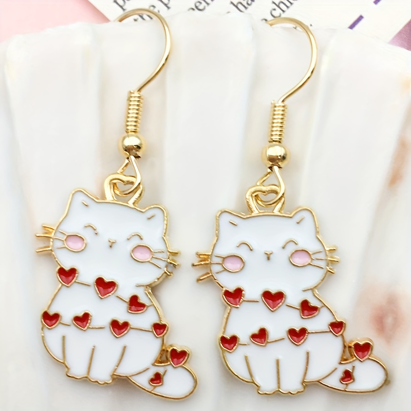 Cute Cartoon Hearts Decor Cat Pendant Earrings Lovely Animal Temu