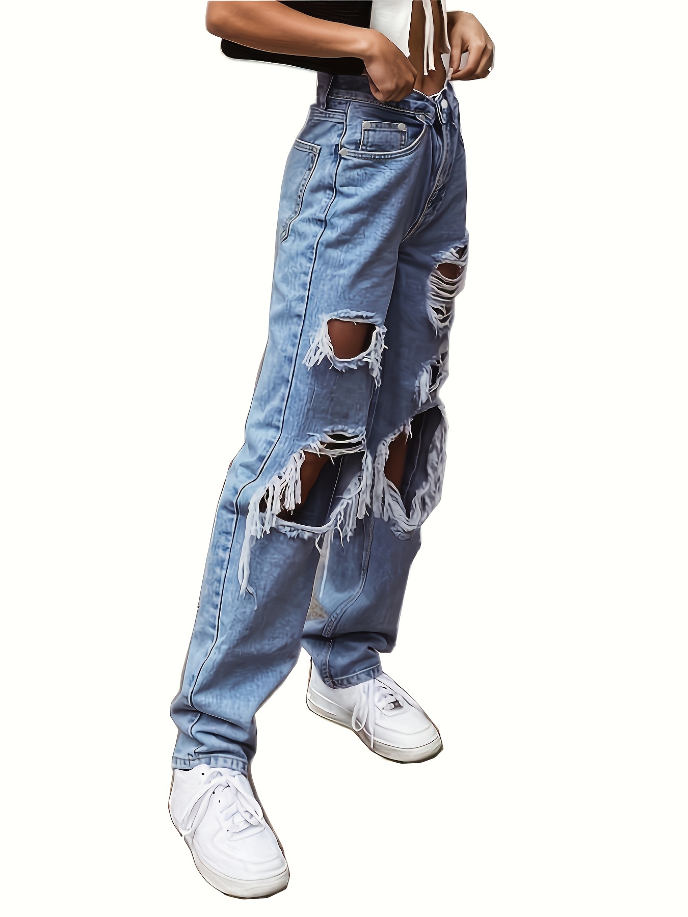 Pantalones de mezclilla rasgados desgastados por la moda, pantalones  vaqueros largos con botones y bolsillos oblicuos de color sólido,  pantalones y ro