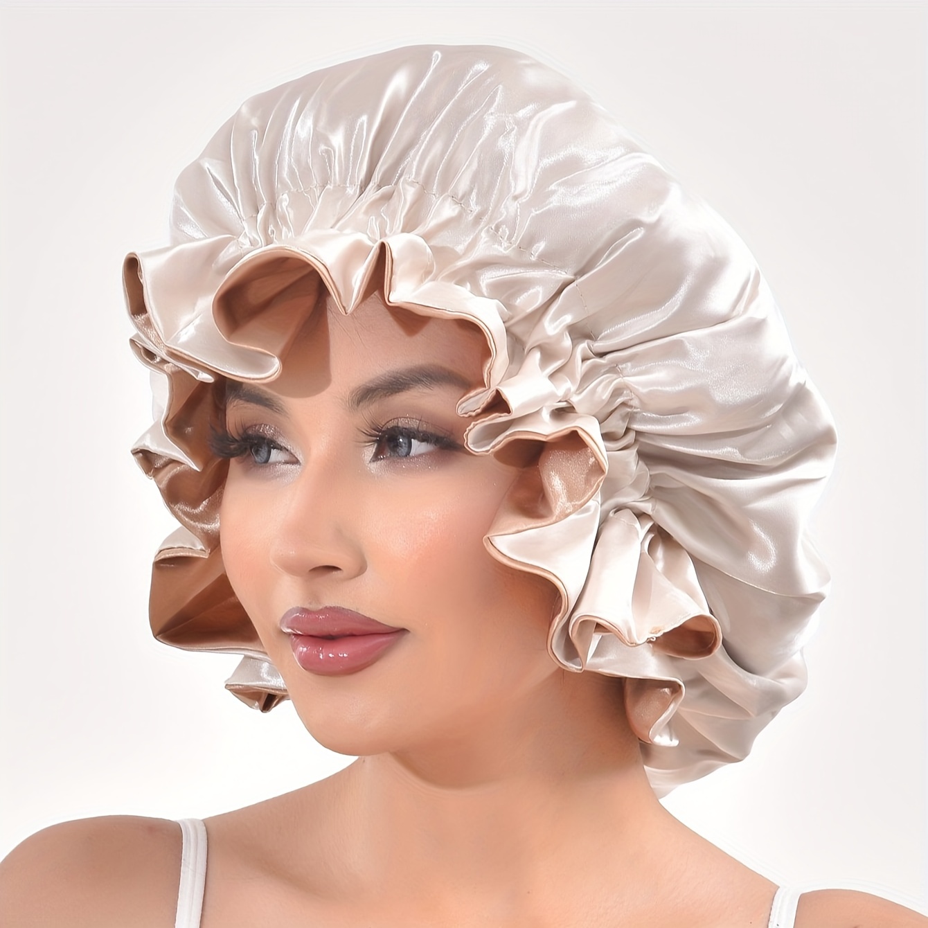 

Double Layer Large Satin Bonnet Elegant Solid Color Hair Bonnet Ruffles Sleeping Night Cap Elastic Shower Bath Cap For Women