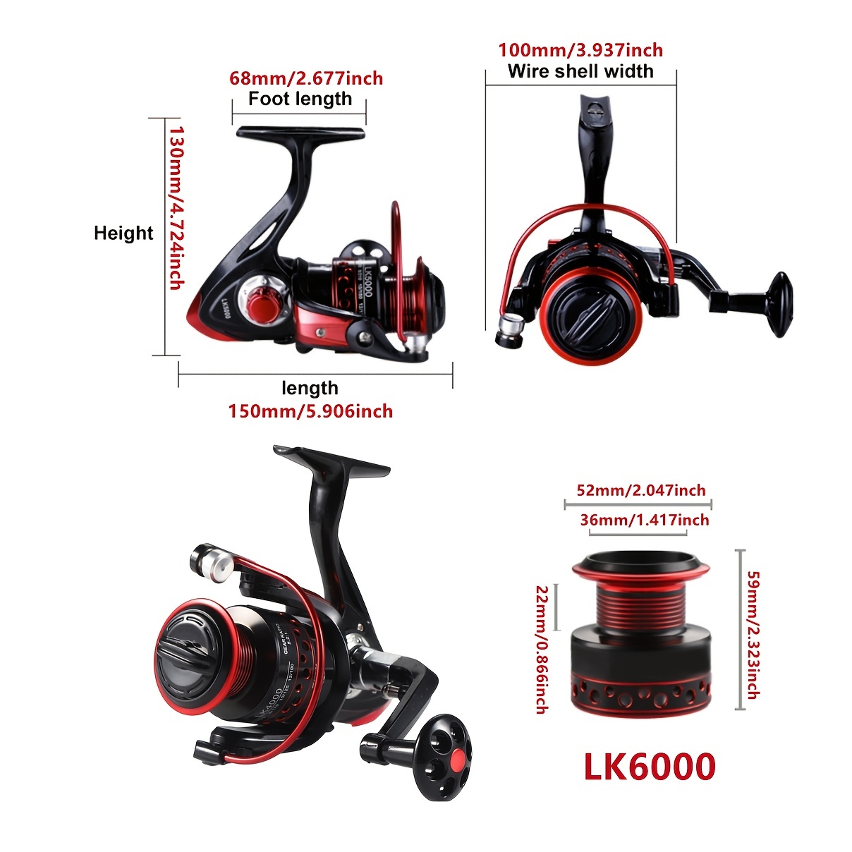 Fishing Spinning Reel, 5.2:1 Gear Ratio, Sturdy Aluminum Frame, Ultra  Smooth Powerful Spinning Fishing Reels for River/Lake/Sea Fishing LK6000