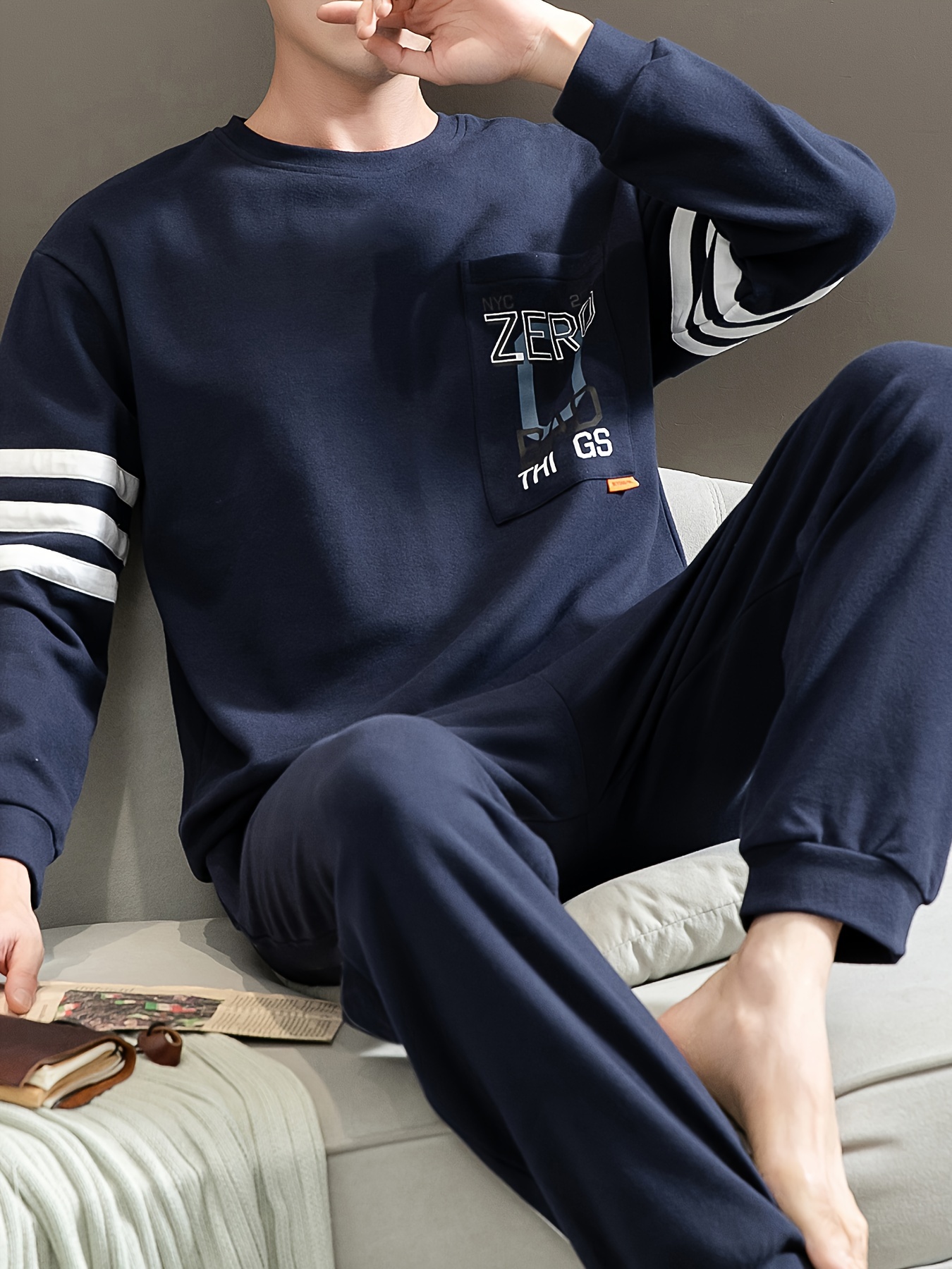 Men's Simple Style Casual Cotton Pajamas Sets, Letter Graphic Print Long Sleeve Crew Neck With Chest Pocket Top & Loose Pants Lounge Wear, Outdoor Sets For Spring Autumn
