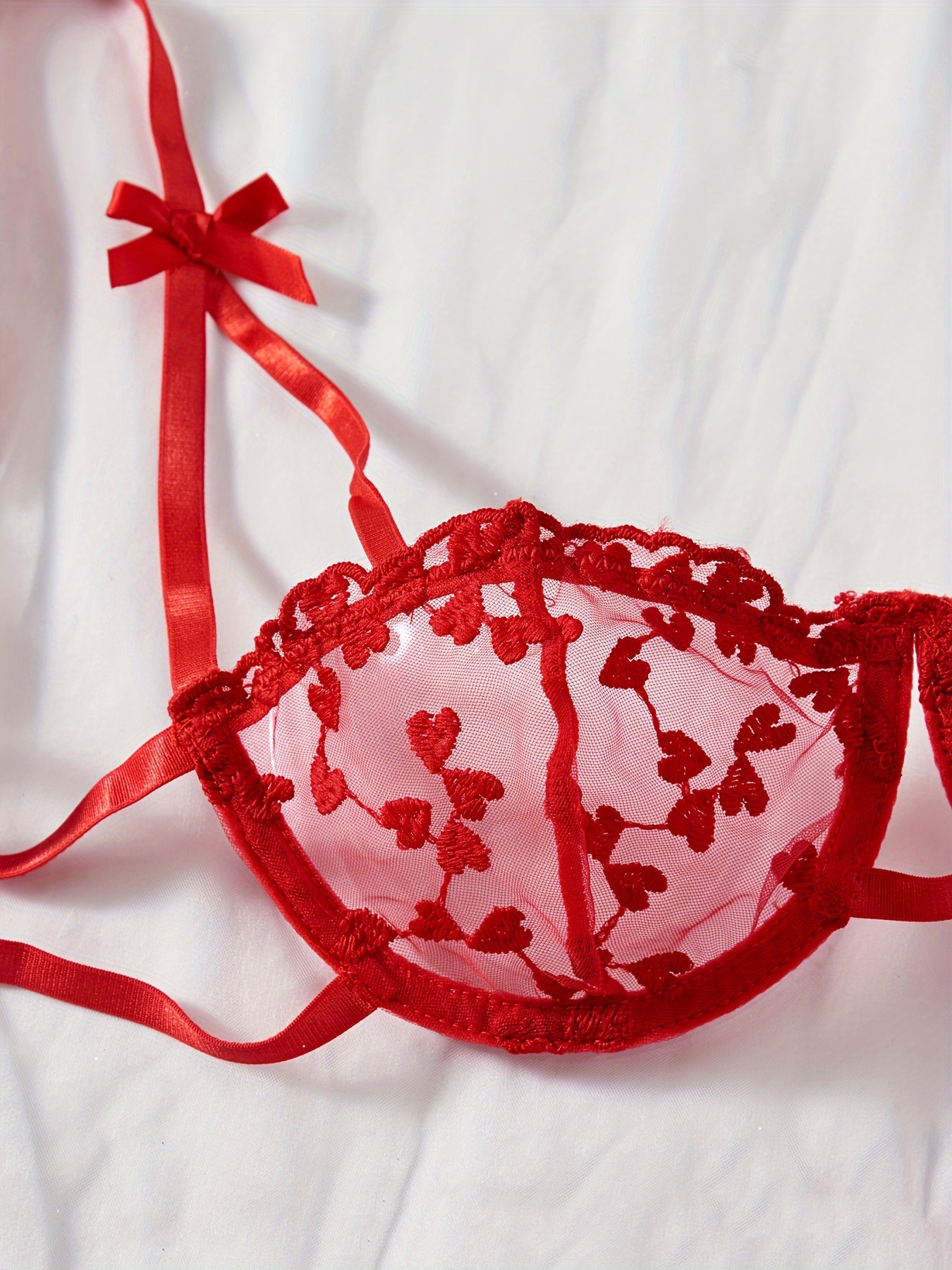 Valentine's Day Heart Embroidery Lingerie Set Semi Sheer Bow - Temu