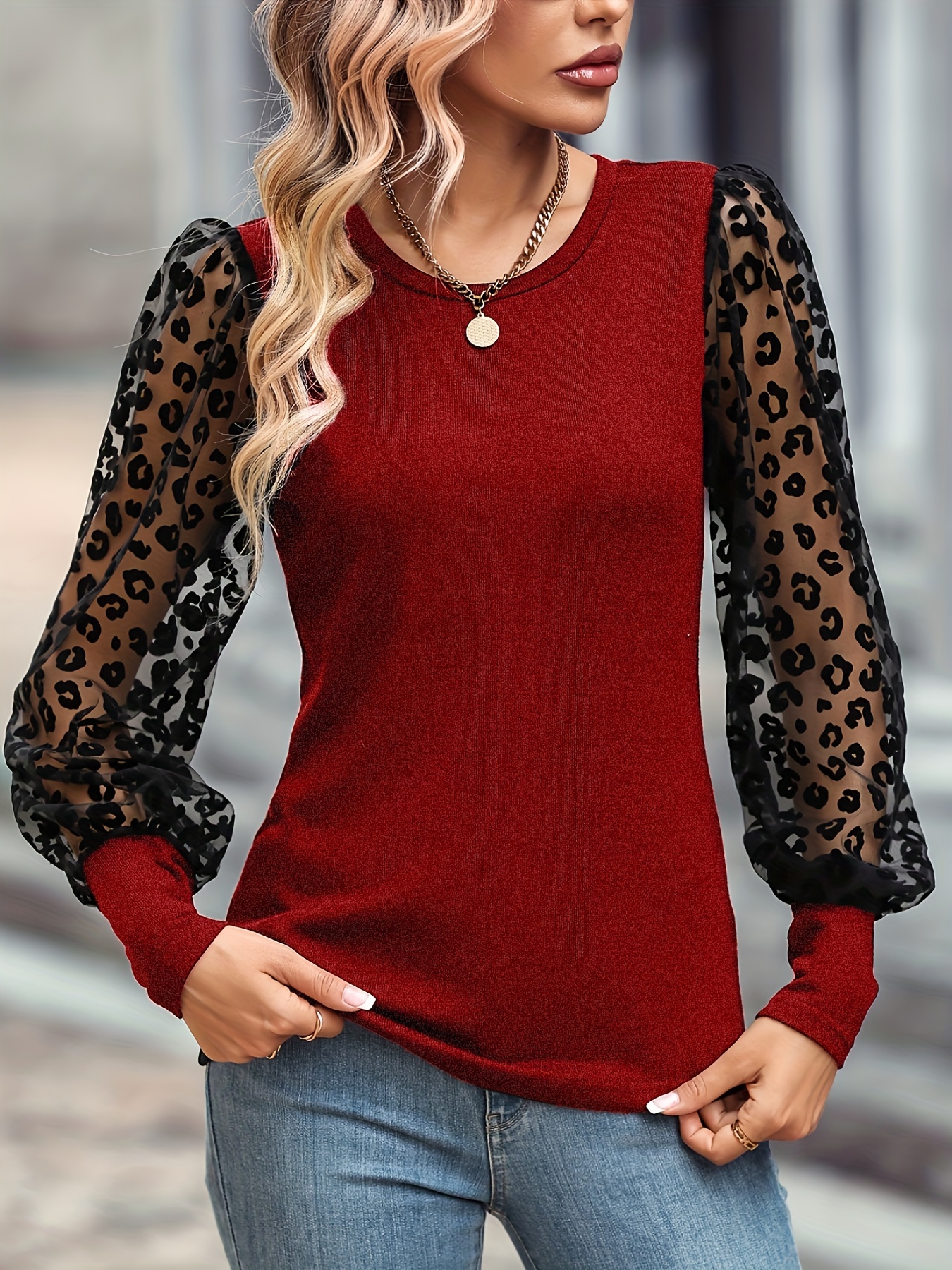 Solid Color Lace Patchwork Ballon Sleeve Ribbed Knit Tops, Elegant