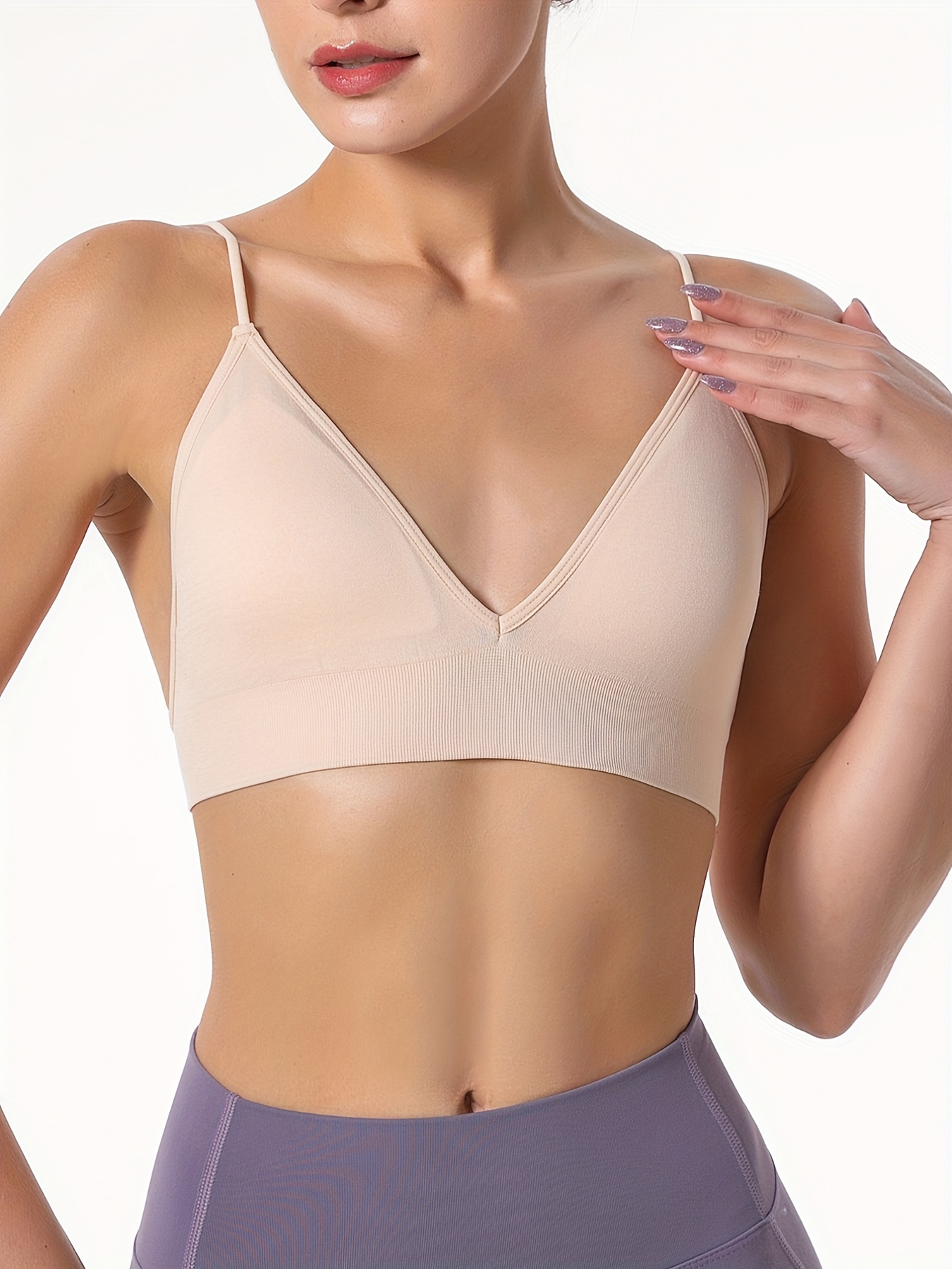 Womens Comfort Lightly Lined Seamless Wireless Triangle Bralette Bra Low  Back Sports Bra (Beige, S) : : Clothing, Shoes & Accessories