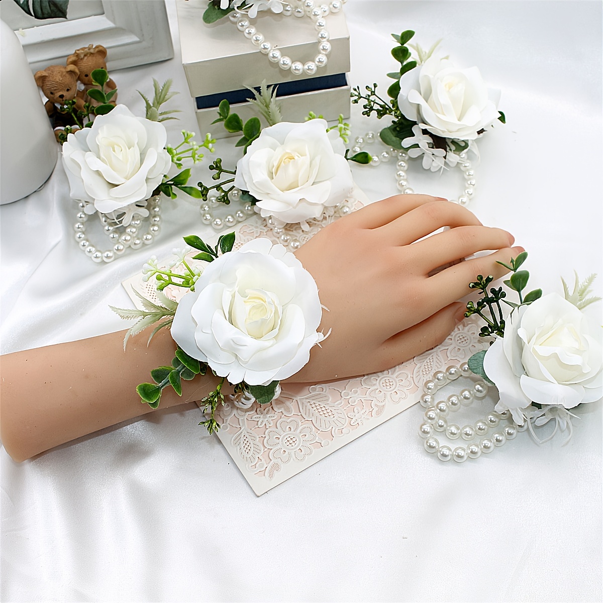 1/6pcs, Wrist Corsage For Women, Artifical White Rose And Faux Pearls Wrist  Corsage For Bride Bridesmaids Wedding, Birde And Groom's Mother Wrist Flow