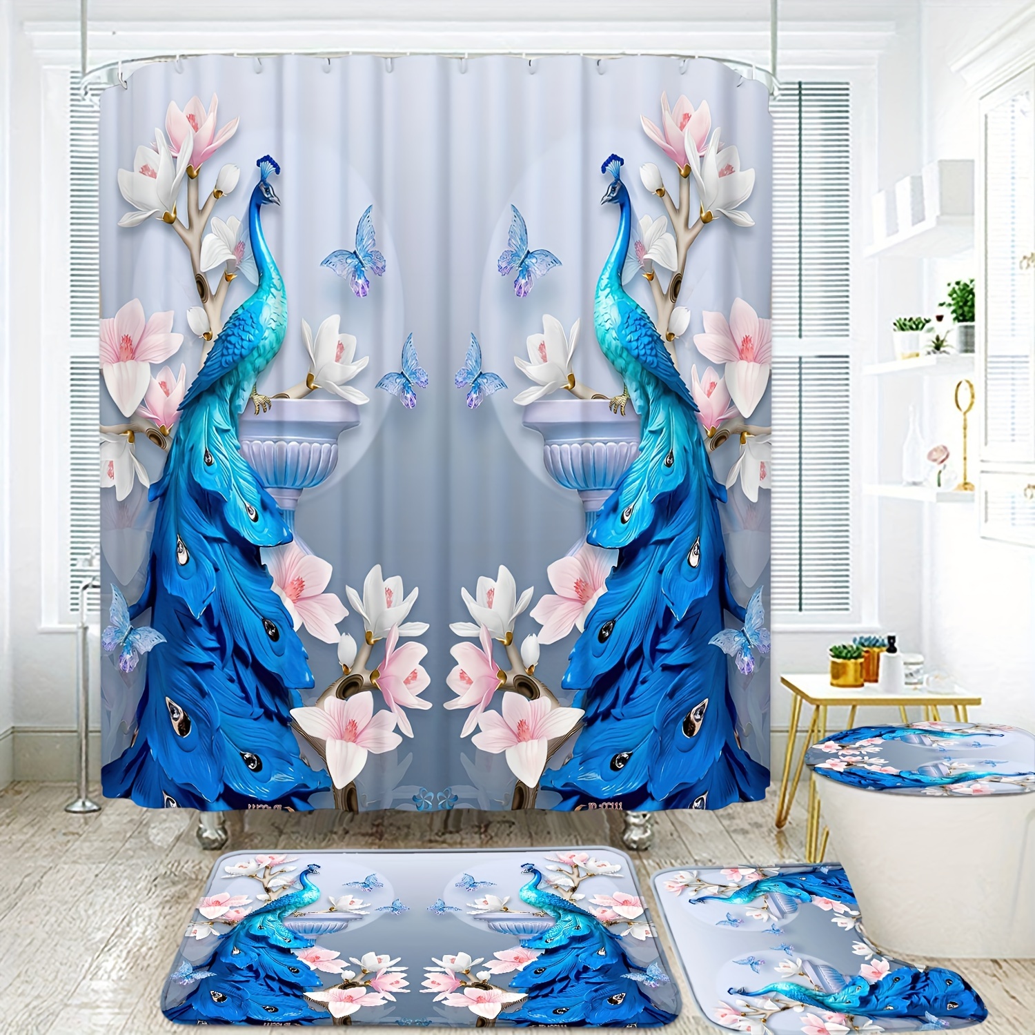 

4pcs Floral Peacock Printed Shower Curtain Set, Waterproof Shower Curtain With 12 Hooks, Non-slip Rug, Toilet Lid Cover Pad And U-shaped Mat, Bathroom Accessories, Home Bathroom Decor