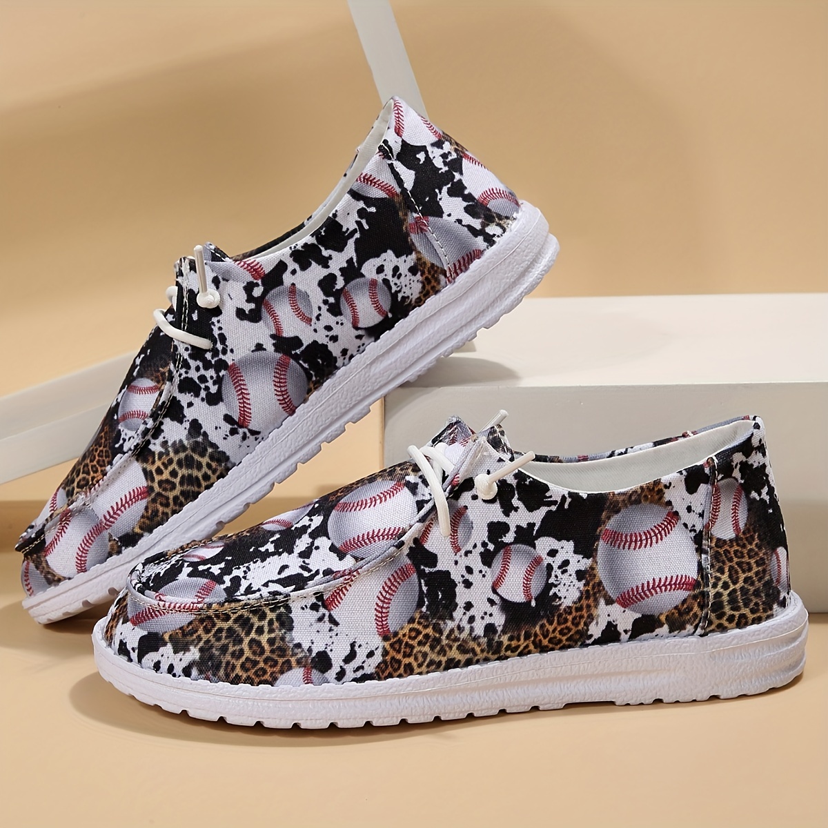 Women's Baseball Pattern Lace Up Boat Shoes Low Top Slip On Canvas Shoes