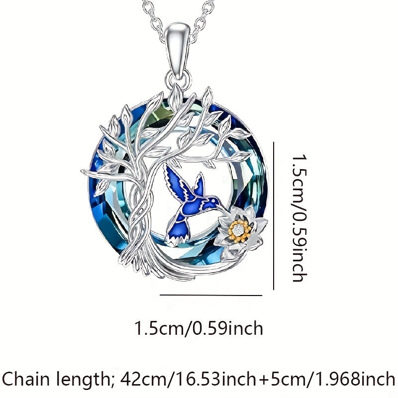 Blue Hummingbird Tree Life Flowers Crystal Pendant Necklace - Temu