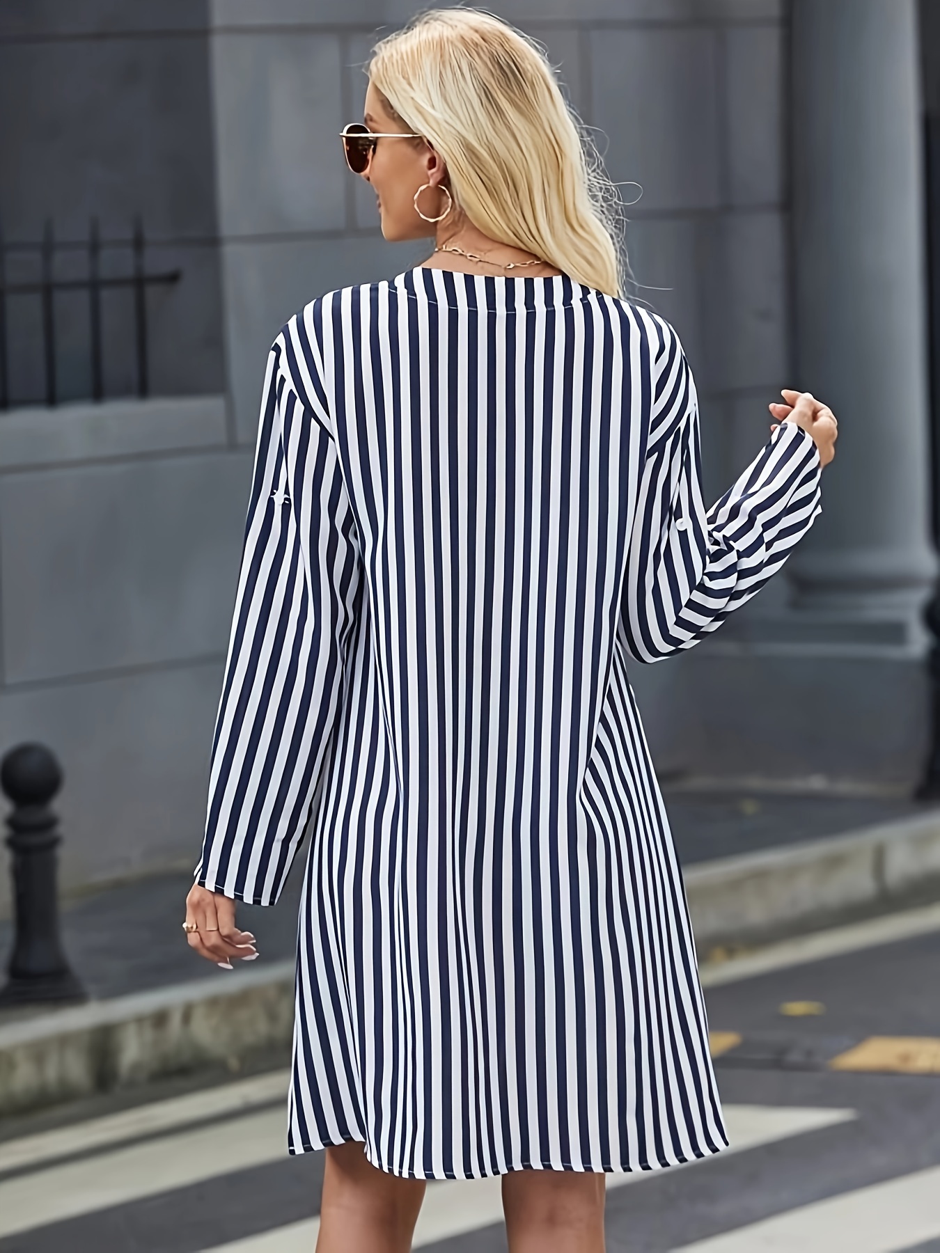 striped print notched neck dress casual long sleeve button front dress for spring fall womens clothing details 3