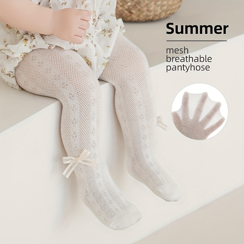 

1pair Baby Toddler Girls Cute Mesh Bow Knit Leggings, Seamless Stockings, Cotton Breathable Comfortable Pantyhose, Kids Children's Socks For Summer