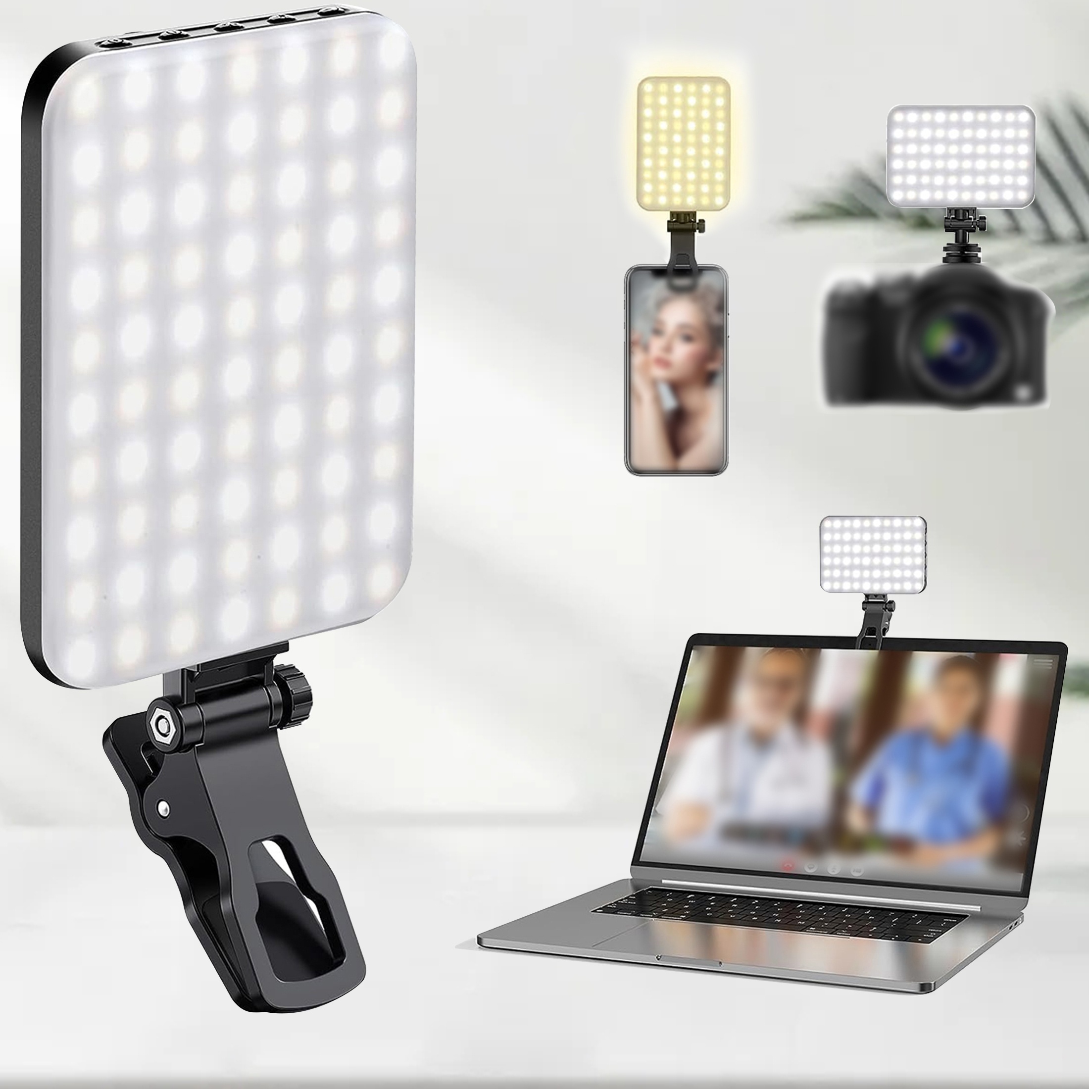 Luz para selfie, luz de teléfono con clip frontal y trasero, 60 luces LED  portátiles con 3 modos de luz, luz de video recargable de 5000 mAh para
