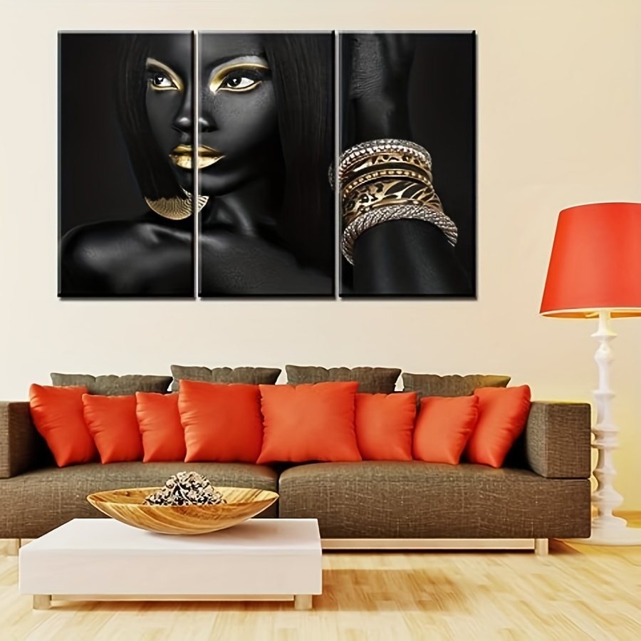  Cuadro de figura moderna de piel negra para mujer, arte de pared  dorado, lienzo, pintura, pósters, sala de estar, decoración del hogar,  obras de arte de 15.7 x 23.6 in (16