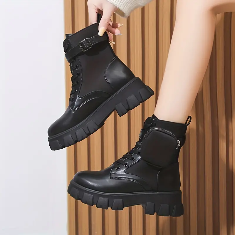 womens ankle combat boots with pouch fashion lace up outdoor short boots versatile non slip boots details 3