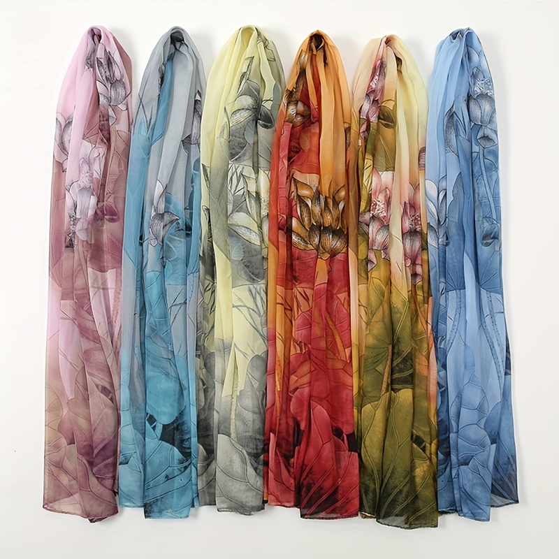 Lotus Pattern Chiffon Scarf Lightweight Soft Shawl Sunscreen Beach Yarn Towel