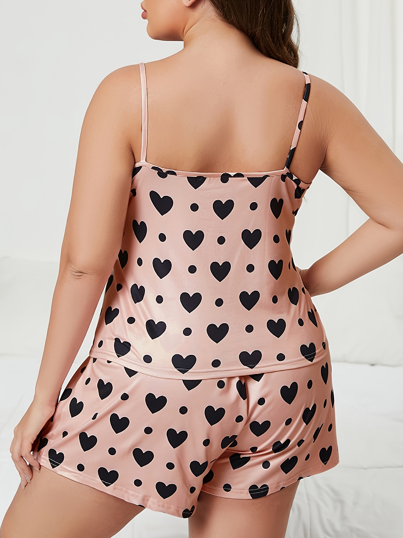 Women's Cute Heart and Polka Dot Pajama Set - Red Camisole Top & Elastic Waist Shorts, Soft Polyester Blend, Machine Washable Sleepwear, Comfortable Loungewear|Heart Pattern Design|Smooth Fabric Finish