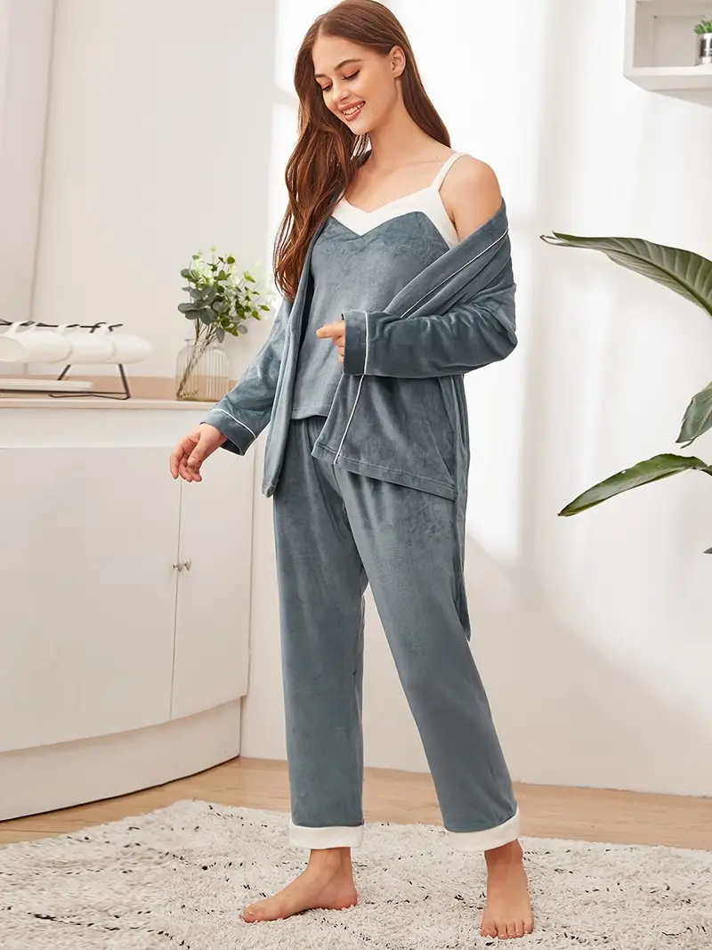 3 Piece Sleep Set, Long Sleeve Robe + Camisole Top + Lounge Pants, Casual &  Cute Pajamas, Women's Loungewear & Sleepwear